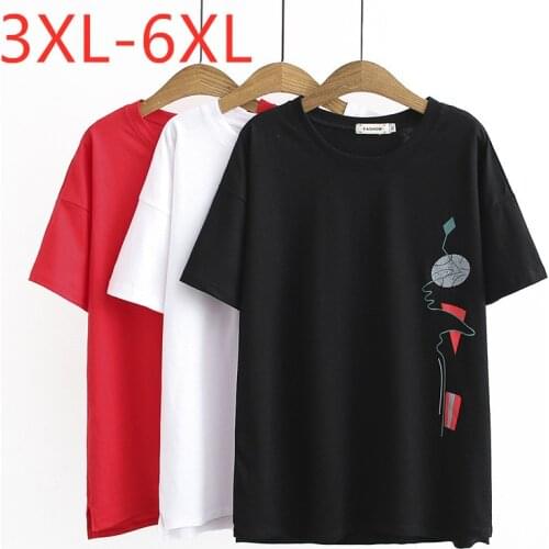 New 2021 summer plus size tops for women large loose casual short sleeve cotton print O neck T-shirt black red 3XL 4XL 5XL 6XL