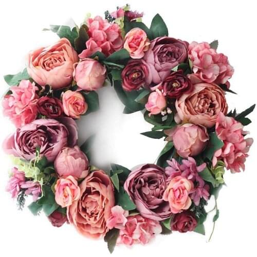 New 16 inch Peony Wreath Artificial Flower Door Wreath with Green Leaves Spring Wreath for Front Door Decor, Wedding, Wall, Home