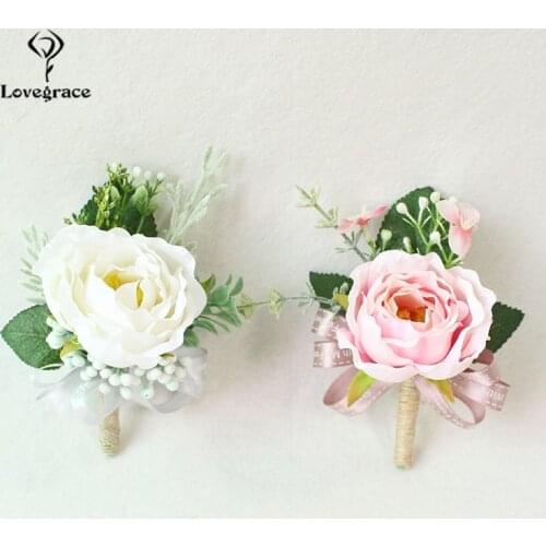 Wedding Boutonnieres White Pink Silk Roses Wrist Corsage Bracelets Bridesmaid Flowers Groom Brooch Marriage Cuff Wrist Corsages
