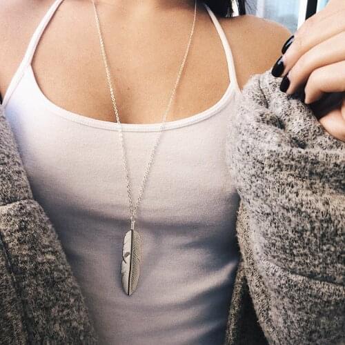 Bohemia Gold Silver Color Feather Pendant Necklace Female Long 2021 Fashion Jewelry Simple Necklaces for Women Sweater Chain New