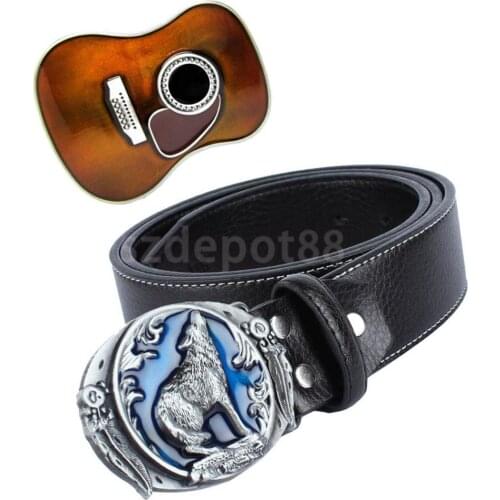 Vintage Western Cowboy Cowgirl Leather Belt with 3D Guitar Music Wolf Pattern Buckle