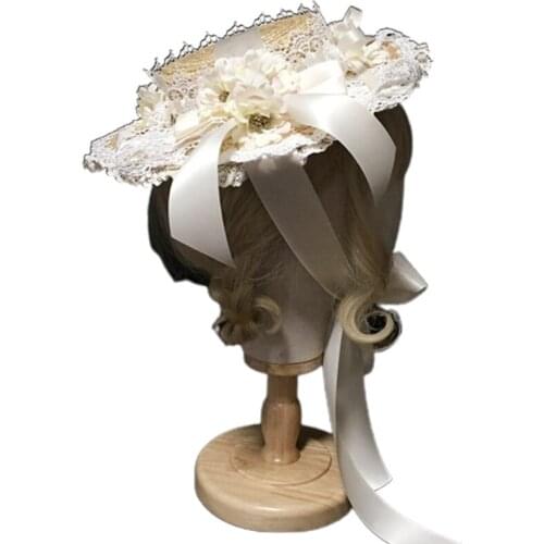 Women Girls Lolita Elegant Tea Party Flat Hat Multilayer Lace Bonnet Artificial Flower Ribbon Bow Straw Beach Sun Cap