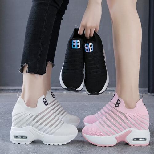 2021 Flying Knitting Wedges Fashion Sneaker Women Height Increasing Slip On Summer Casual Shoes Breathable Platform Sneakers