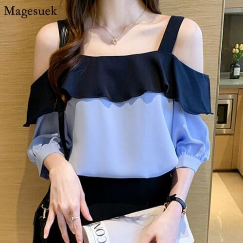 Summer Off Shoulder Tops Women Short Sleeve Ruffles Chiffon Shirt Women Korean One shoulder Casual Blouses Fashion Blusas 15335