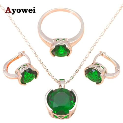 Bijoux for women Silver filled Jewelry Set Earring Necklace Ring Zircon Austrian Peridot Crystal Ring USA #7#8 JS412A