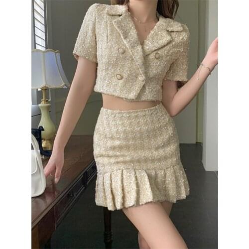 2021 Summer Tweed 2 Piece Set Women Slim Plaid Short Set Fashion Trim Jacket Coat + Pleated Short Skirts Suits