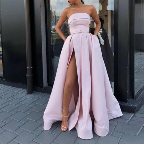 New arrival evening prom party dresses Vestido de Festa gown Robe De Soiree pink satin sexy strapless long gown formal dress