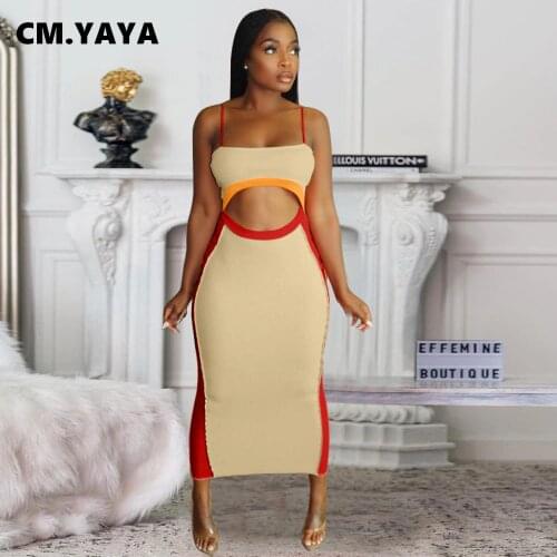 CM.YAYA Women Long Dress Patchwork Sleeveless Strap Slash Neck Hollow Out Stretchy Maxi Dresses Sexy Fashion Outfit Summer 2021