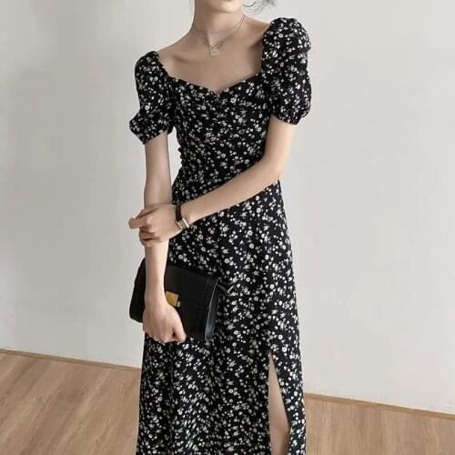 New Summer Boho Floral Print Black Dress Women Vintage Puff Sleeve Square Collar Slit Dresses 2021 Beach Holiday A-line Dress
