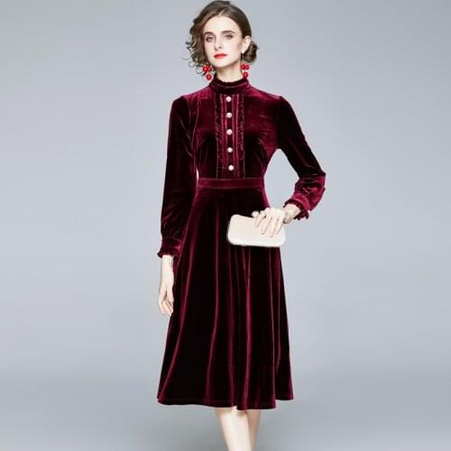 JSXDHK Elegant Women Velvet Dress 2020 New Autumn Winter Stand Collar Pearl Button Party Dress Vintage Long Sleeve Midi Vestidos