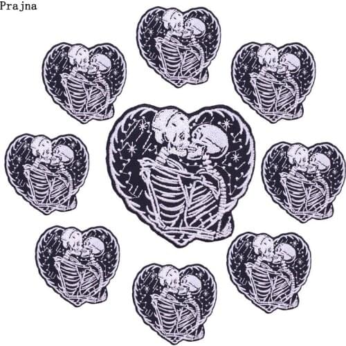 Prajna 10PCS Iron On Patches For Clothing Love Heart Skull Patch Badges Punk Skeleton Embroidered Patches On Clothes Applique