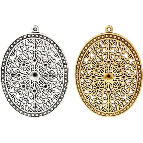 10 x Tibetan Silver/Gold Hollow Filigree Large Oval Charms Pendants Blank Rhinestone Settings for 5mm Stone Jewelry Making