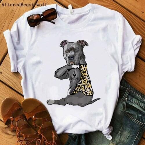 2021 Pit Bull Mom Tshirt Women Summer Harajuku I Love Mom Leopard Print White T-shirt Funny Short Sleeve dog T Shirt Clothes