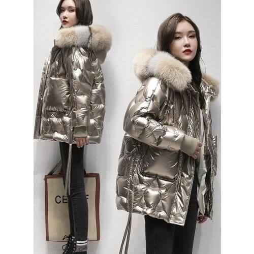 2021 Winter White Duck Down Jacket Hooded Big Fox Fur Collar Shiny Womens Down Jacket Parka