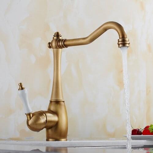 Antique Bronze Kitchen Faucet Deck Mounted Mixer Tap 360 Degree Hot Cold Water Vessel Sink Faucets Crane Single Handle MOF9070A