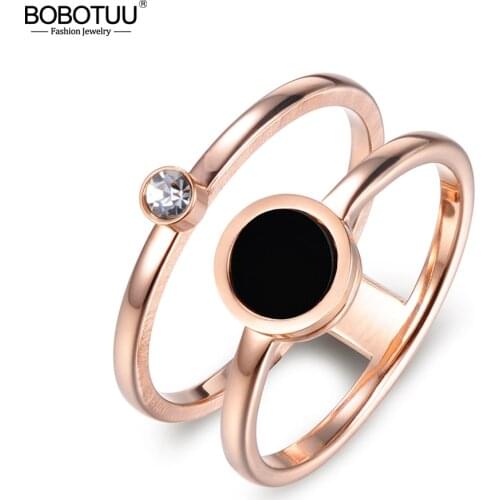 BOBOTUU Trendy Ring Mosaic Cubic Zirconia Rose Gold Color Round Acrylic Vintage Stainless Steel Rings For Women Jewelry BR17045