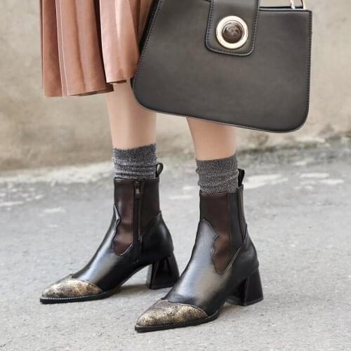 British fashion color blocked pointed toe thick heel Martin boots large 4445 46 47 48 large thick middle heel short boots