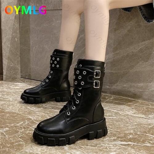 Large size thick-soled Martin boots womens autumn and winter new belt buckle motorcycle boots net red round toe womens boots