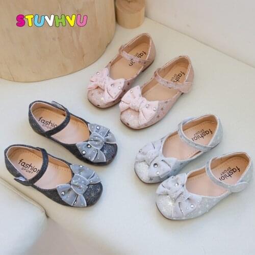 Girls Princess Shoes Spring and Autumn New Rhinestone Bowknot Leather Children Shoes Soft Bottom Light Kids Shoes for Girl Flats
