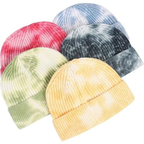 Adults Knitted Hat Fashionable Tie-Dye Print Woolen Beanies Knitted Cap for Women Men