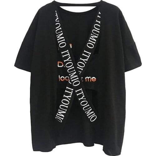 Summer Gothic T Shirt Women 2021 Cotton Backless T-shirts Embroidery Letters Medium Long Loose Oversized Goth Tops