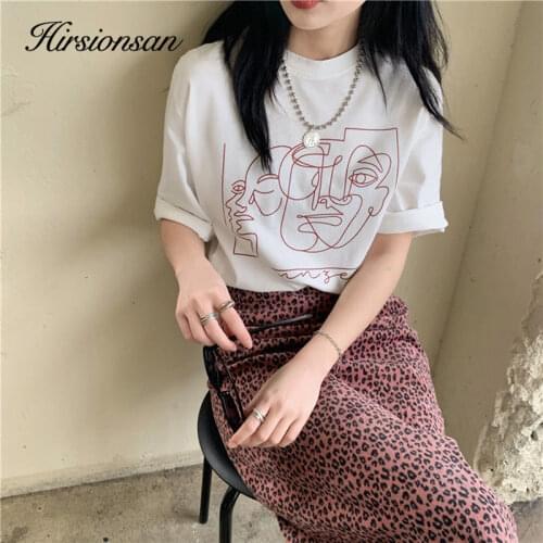 Hirsionsan Abstract Line Printed T Shirt Women Funny Graphic Soft Loose Female Tees Cotton Summer Casual Tops Khaki Tshirts 2021