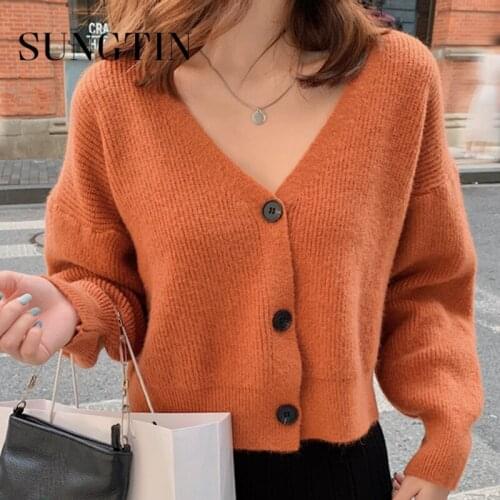 Sungtin Casual Sweater Cropped Cardigans Women Korean Fashion Sweet Oversized Knitted Cardigan Button Up Fall Vintage Cardigans