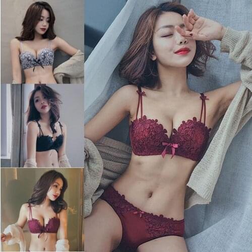 Fashion Sexy Ladies Lace Floral Bow Back Closure 3/4 Cup Seamless Wire Free Push Up Adjusted Straps Bra Underwear Set