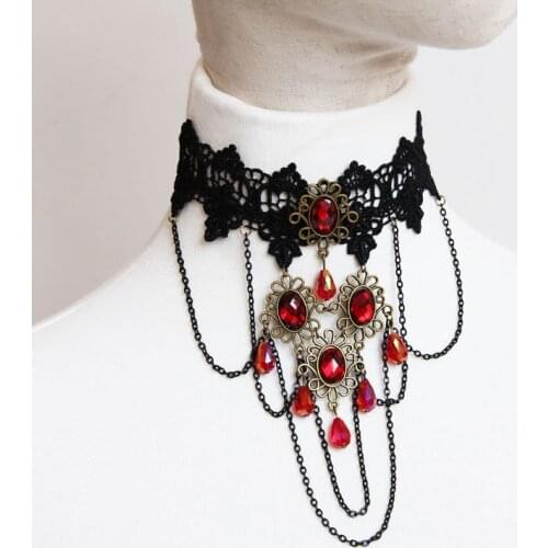 Lace Gothic Necklace Mysterious Temperament Dark Vampire Princess Cosplay Red Crystal Masquerade Party High Quality Accessories
