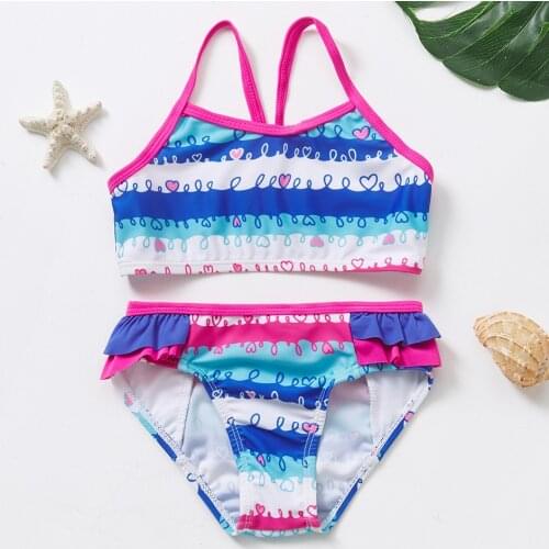 2-6years Girls Swimsuits Blue Heart Two Piece Swimwear Striped Tankini New Arrival 2021 Children Swimsuit