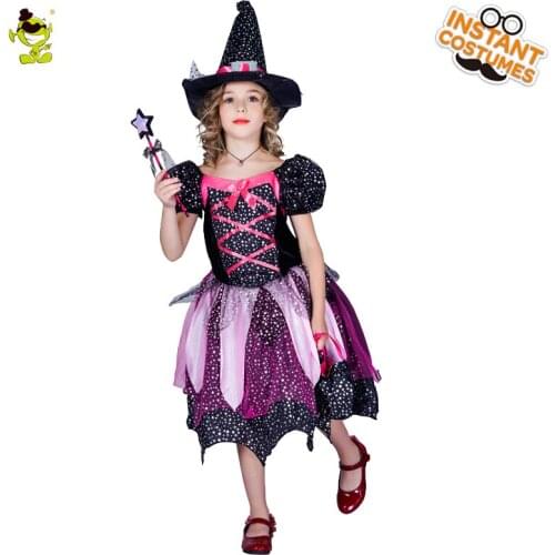 Girls Cute Witch Dresses Halloween Costume for Kids Purim Cosplay Wizard Clothes Fancy Dress Up for Childrens Gift