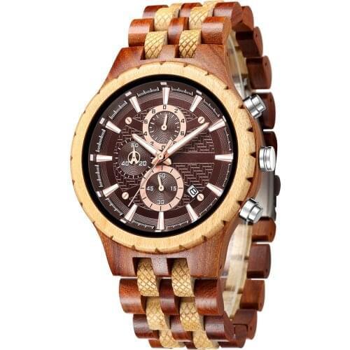 Multifunction Wooden Watches Mens Chronograph Quartz Calendar Watch Ebony Maple Red Sandalwood Clock Full Wood Strap Male Reloj