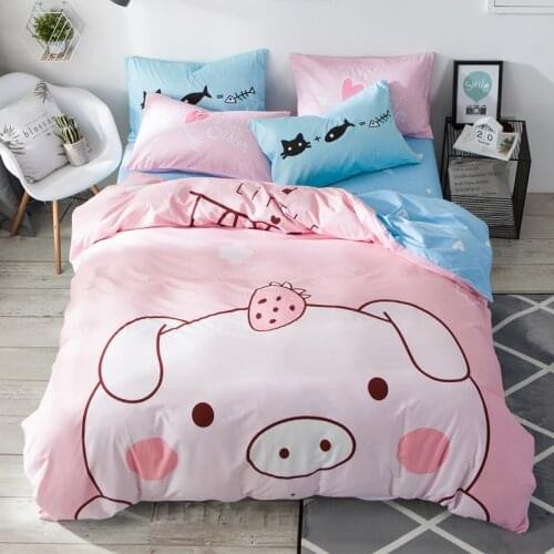 Cartoon Pink Pig Cotton 3/4 Pcs Discounts Duvet Cover Bedsheet Pillowcases for Girls Women Bedroom Decor Twin Full Queen Size