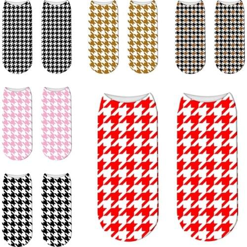 Socks Men Women Calcetines Mujer Socks Cotton Breathable Funny Unisex Pink Short Sock 3D Printed Houndstooth Solid Socks