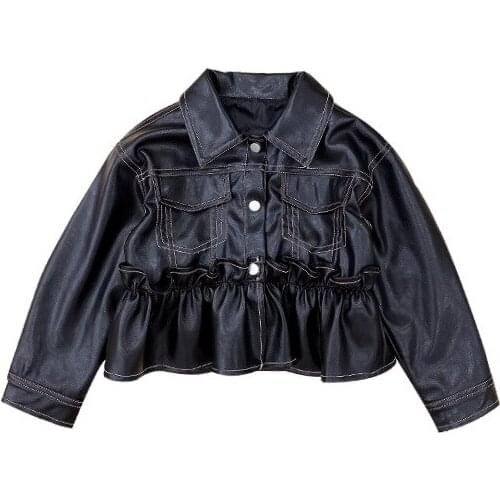 2021 autumn Korean girls' sweet fungus edge leather clothes childrens lace jacket kid coat