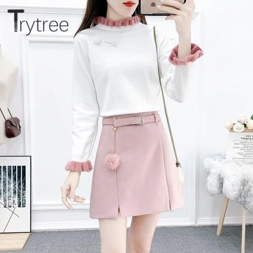 Trytree Autumn Winter Two piece set Casual Stand Collar Ruffles Top + Skirt Solid Belt Mini Split hem A-line Set 2 Piece Set