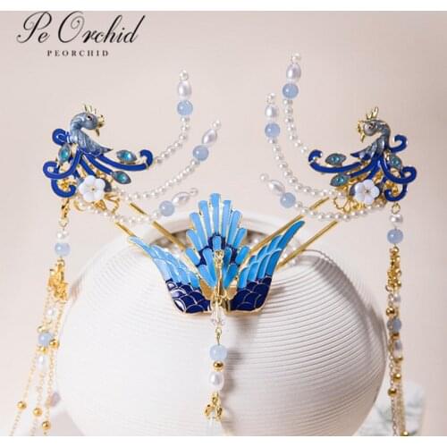PEORCHID Hanfu Headdress Ancient Style Chinese Hair Accessories Bridal Traditional Hair Pin Pearls Tassel Wedding Crown