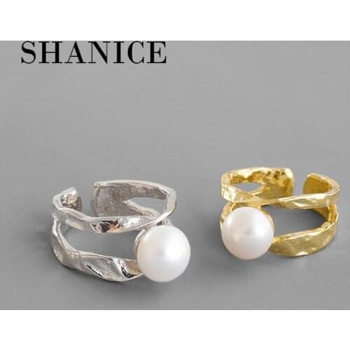 SHANICE Gold & Silver Color 100% 925 Sterling Silver Open Ring INS irregular line double-layer micro-set pearlfemale ring