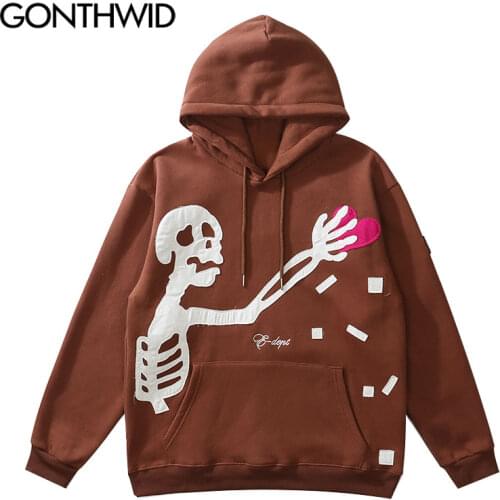 GONTHWID Hoodies Streetwear Hip Hop Embroidery Skull Heart Patchwork Hooded Sweatshirts Fashion Harajuku Casual Pullover Tops