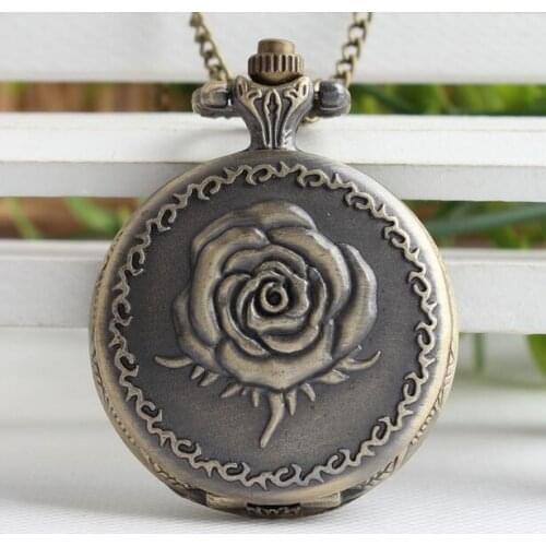 Vintage Fashion quartz Romantic roses pattern Flip clock girl and woman gift pendant chain pocket watches