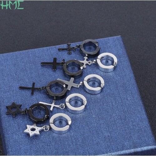 1PC Titanium Stainless Steel Cross Star Tassel Dangle Drop Earrings Ear Clip For Men Boys Women Hip Hop Punk Brincos Jewelry
