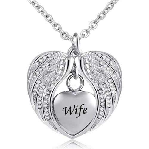 Wife Angel Wing Urn Necklace for Ashes Cremation Memorial Stainless Steel Heart Keepsake Birthstone Crystal Pendant Necklace