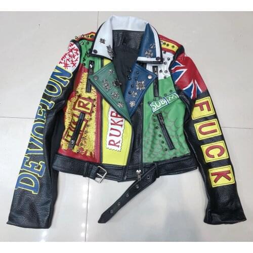 Women Spring Autumn Tide Graffiti Faux Leather Jacket Female Fall Streetwear Rivet Motorcycle Biker Jacket Black PU Short Coat