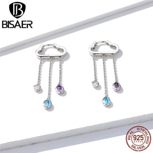 BISAER Silver Earrings 925 Sterling Silver Rainy Clouds Shape Exquisite Women Earrings Long Chain Earrings Jewelry EFE220