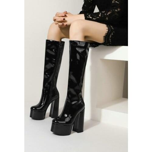 QZYERAI New Platform Women Knee-High Boots Fashion Concise Casual Thick Heels Round Toe Patent Leather Zip Shoes Woman Winter