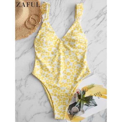 ZAFUL Leopard Heart Print Reversible One-piece Swimsuit Ruffle Monokini Summer Women Padded Bikini Set Sexy Female Beach Biquini