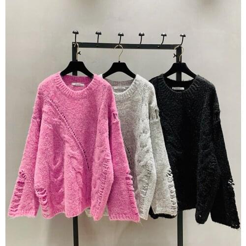 2020 New Autumn Winter Korean Fashion Round Neck Sweater Loose Jumper Women Middle Long Twist Broken Hole Knitted Jumper Female