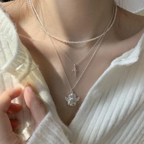 Silvology 925 Sterling Silver Angel Cross Necklace Nature Pearl Elegant Luxury Layers Necklace for Women Designers Jewelry Gift