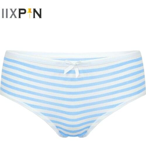 1 Pc Womens Lingerie Bikini Underwear Navy Style Stripe Middle Waist Cotton Undergarment Bikini Briefs with Ribbon Bowknot