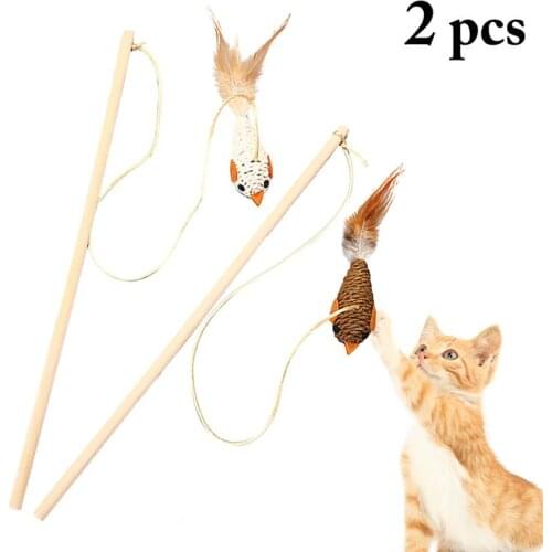 2pcs Pet Cat Teaser Toys Feather Linen Wand Cat Catcher Teaser Stick Cat Interactive Toys Wood Rod Mouse Bird Toy